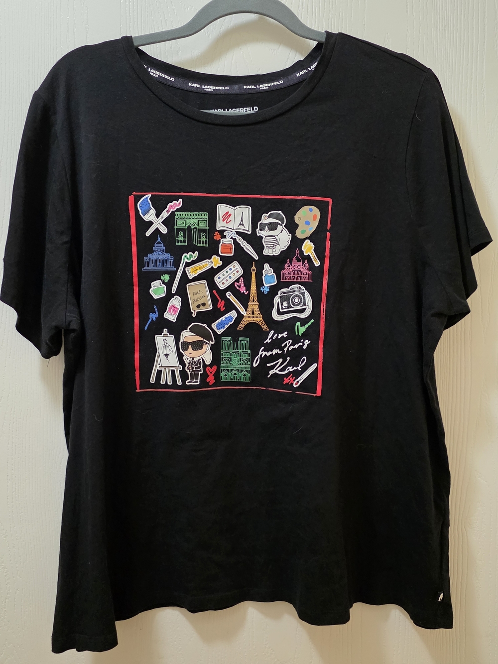 Karl Lagerfeld Black Short Sleeve Tee with Multicolor Paris Patch Graphic